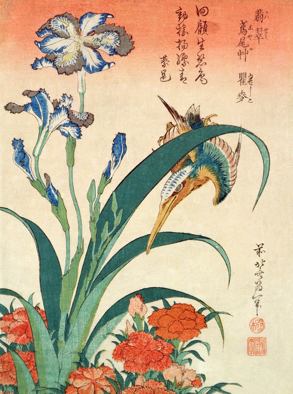 Eisvogel, Iris und Nelken, veröffentlicht von Nishimura Eijudo, ca. 1832, eines von zehn Drucken von Katsushika Hokusai