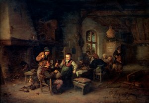 Das Innere eines Gasthauses mit neun Bauern und einem Drehleierspieler, 1653