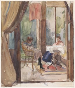 Dame und ein junges Mädchen, beide lesend im Wintergarten des Hauses an der Riouwstraat 6, Den Haag von Barbara Elisabeth van Houten