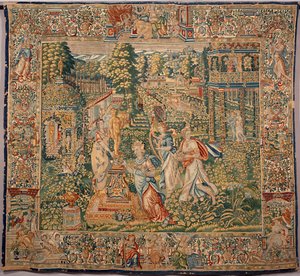 Die Gaben der Pomona, Nymphe der Früchte, Tapisserie der Brüsseler Manufakturen, 16. Jahrhundert, Genua, Musei di Strada Nuova