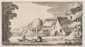 Bauer und Bäuerin in einem Ruderboot, aus Landschaften (Playsante Lantschappen)