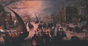 Ein Dorf im Winter mit Adeligen beim Eissegeln