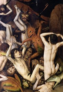 Hölle, Detail eines Dämons, der die Verdammten schlägt, ca. 1450