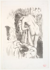 Stehende nackte Frau bei ihrer Toilette