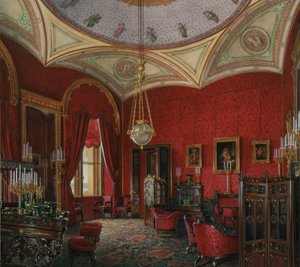 Innenräume des Winterpalastes. Das Arbeitszimmer von Kaiserin Alexandra Fjodorowna, Mitte des 19. Jahrhunderts