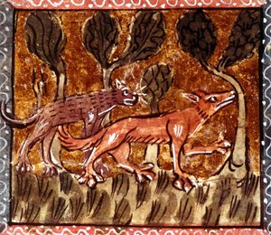 Der Fuchs und der Wolf, Illustration aus dem Manuskript Roman de Renart, 13. Jahrhundert