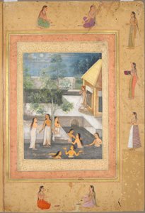 Harem-Nachtbadeszene (recto): Kalligraphie eingerahmt von einer ornamentalen Bordüre aus Blumen und Vögeln (verso), ca. 1650