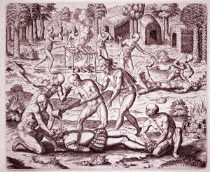 Geschichte Amerikas: Beschreibung der von den Indianern an spanischen Siedlern verübten Folterungen, Gold in ihre Münder gießen und ihre Glieder abschneiden, um sie zu essen (Gravur)