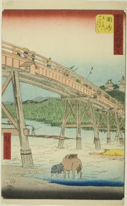 Okazaki: Yahagi-Brücke am Yahagi-Fluss, Nr. 39 aus der Serie "Berühmte Ansichten der dreiundfünfzig Stationen," auch bekannt als der Vertikale Tokaido