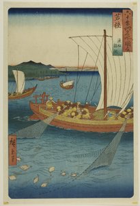 Wakasa Provinz: Fischerboot beim Flachfischfang, aus der Serie "Berühmte Orte in den Sechzig-ungefähr Provinzen (Rokujuyoshu meisho zue)"