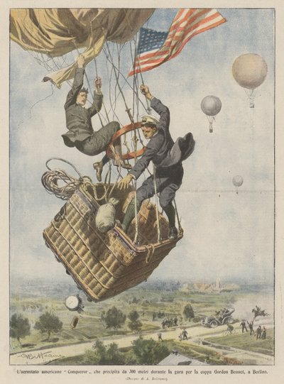 Der amerikanische Ballon Conqueror stürzt aus 300 Metern Höhe während des Gordon-Bennet-Cup-Rennens in Berlin ab von Achille Beltrame