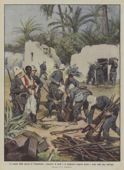 Die Tücken des Krieges in Tripolitanien, Beschlagnahme von Gewehren und Munition in einem Brunnen entdeckt von Achille Beltrame