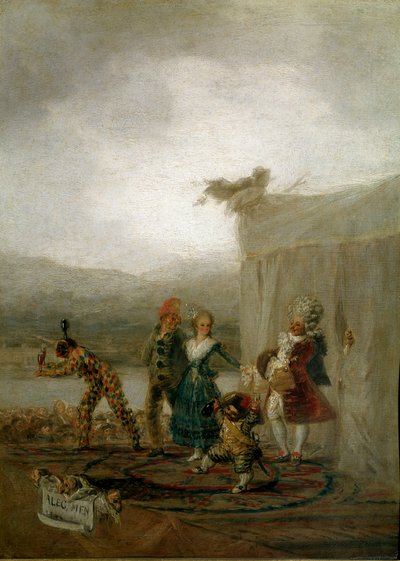Reisende Komödianten (einschließlich eines Zwerges und eines Harlekins) inspiriert von der Commedia dell
