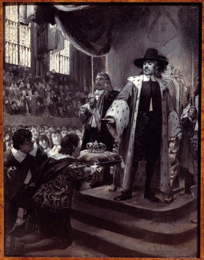 Oliver Cromwell (1599-1658) lehnt die Krone ab. Der Lordprotektor der Republik Großbritannien wurde 1658 von der Humble Petition and Advice (Neues Parlament) die Krone angeboten. Grisaille auf Holz von Georges Antoine Rochegrosse (1859-1938) 19. Jahrhunder von Georges Marie Rochegrosse