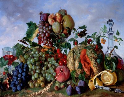 Stillleben mit Früchten des Monats August: Pfirsiche, Melone, Trauben, Damaskuspflaumen, Birnen von Giorgio Rovea