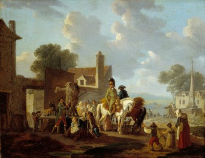 Dorfbewohner und Reiter beobachten die Pantomime Theatervorstellung auf den Straßen eines Dorfes. Gemälde von Louis Philibert Debucourt (1755-1832) 18. Jahrhundert von Philibert Louis Debucourt